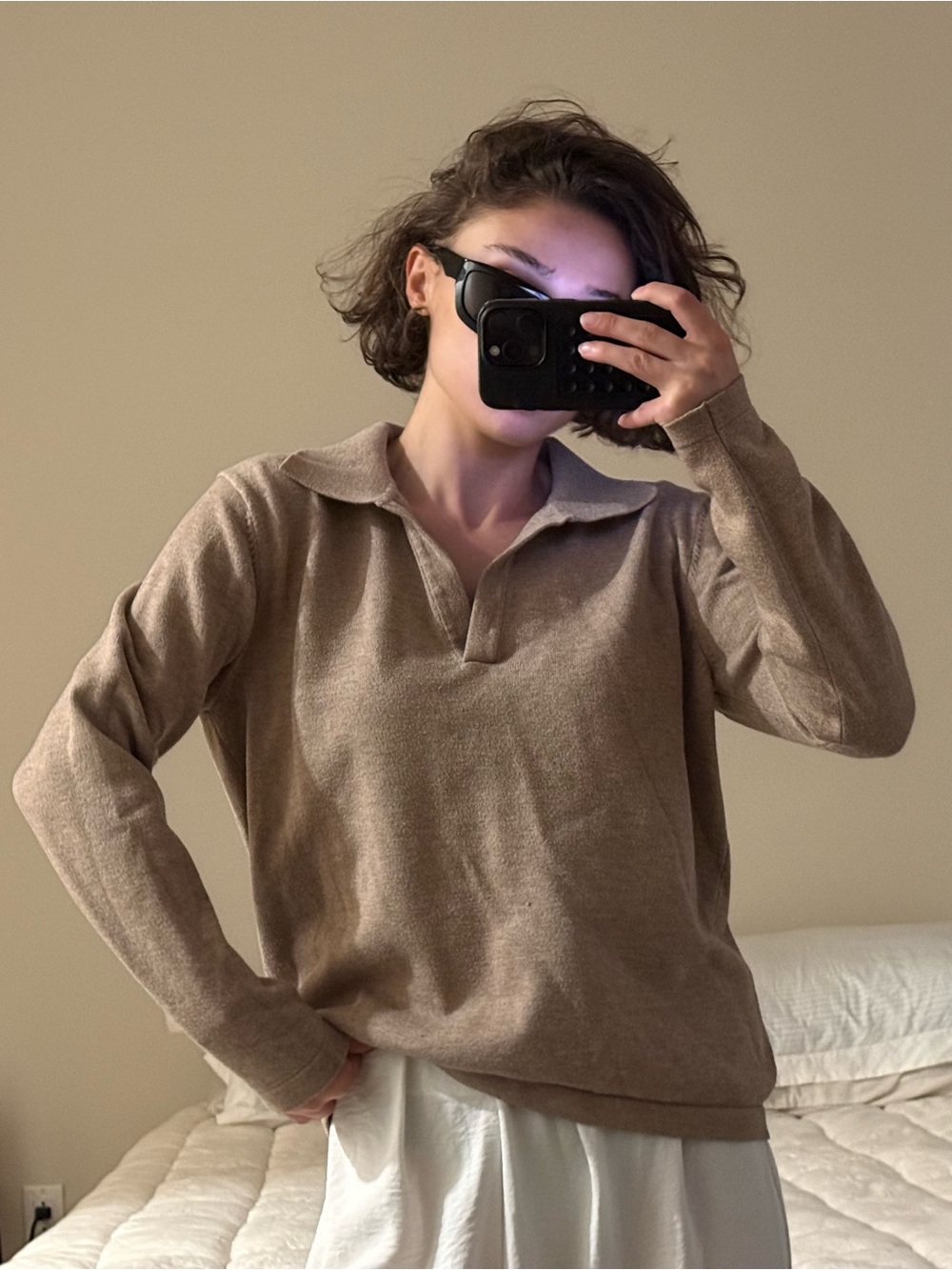 Taupe Collared Knit Pullover Sweater